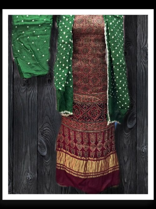 Maroon Ajrak Bandhej Dress Material Pure Modal Silk