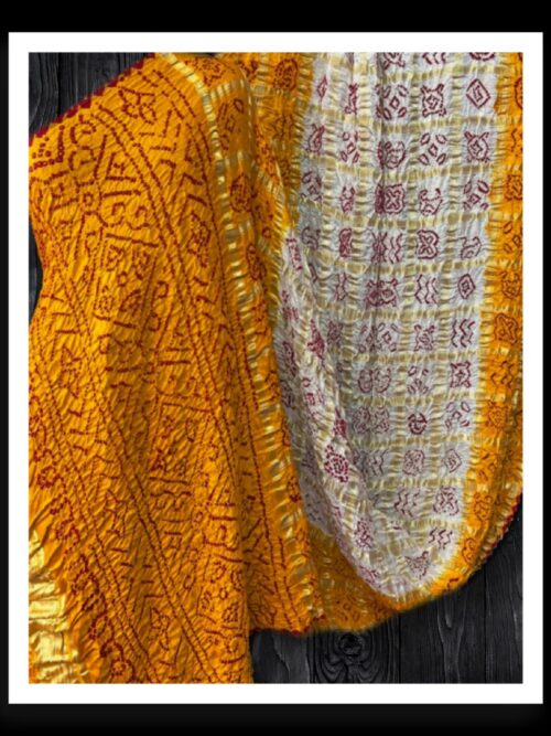 Mustered White Gharchola Saree Bandhani Pure Gaji Silk