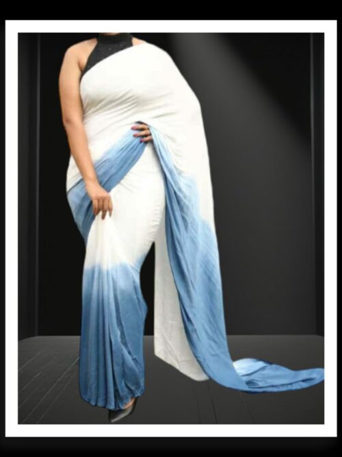 White Blue Plain Saree Hand Dyed Pure Modal Silk
