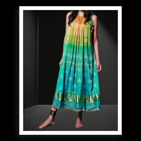 Rama Aqua Bandhani Pure GajiSilk Fusion Gown Kaftan