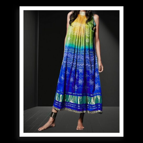 Rama Blue Bandhani Pure GajiSilk Fusion Gown Kaftan