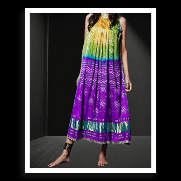 Rama Purple Bandhani Pure GajiSilk Fusion Gown Kaftan