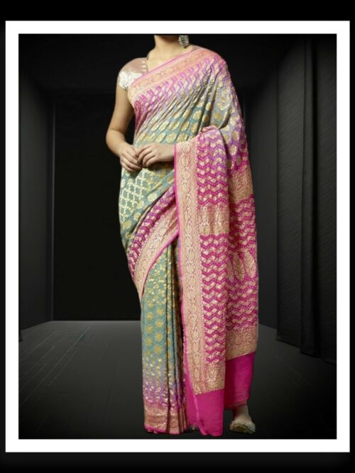 Pink Grey Banarasi Bandhani Saree Pure Georgette Silk