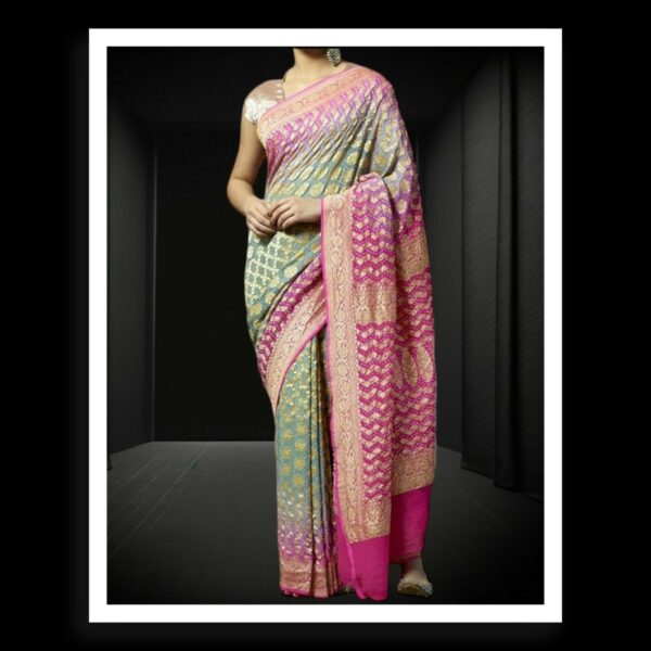 Pink Grey Banarasi Bandhani Saree Pure Georgette Silk