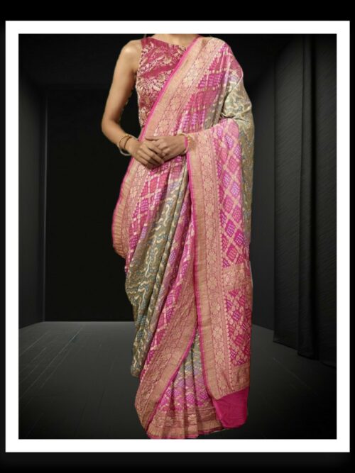 Rani Silver Banarasi Bandhani Saree Pure Georgette Silk