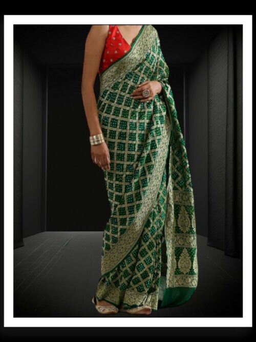 Green Banarasi Bandhani Saree Pure Georgette Silk