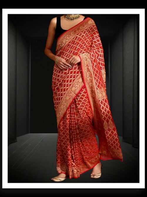 Blood Red Banarasi Bandhani Saree Pure Georgette Silk