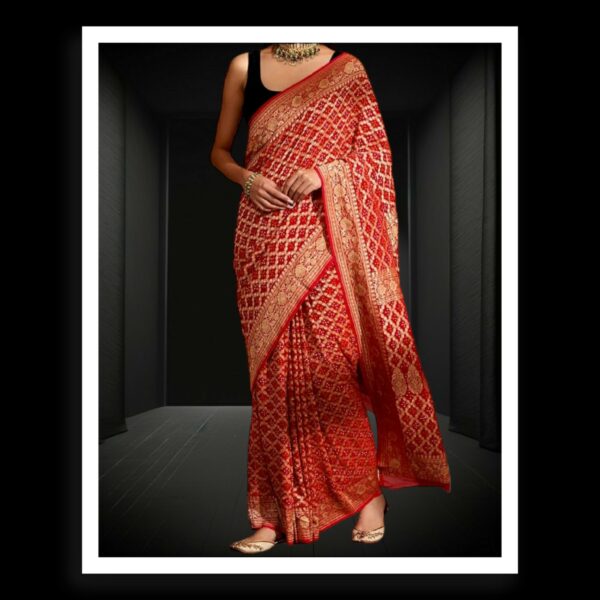 Blood Red Banarasi Bandhani Saree Pure Georgette Silk