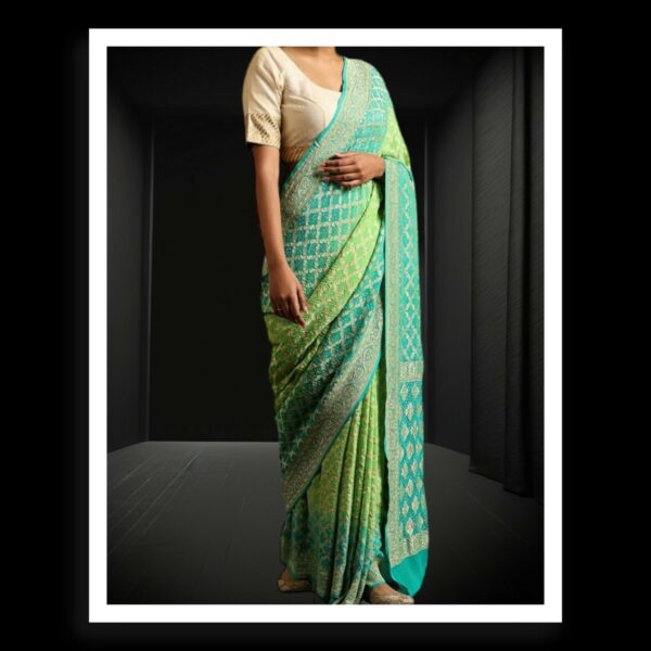 Pista Rama Banarasi Bandhani Saree Pure Georgette Silk