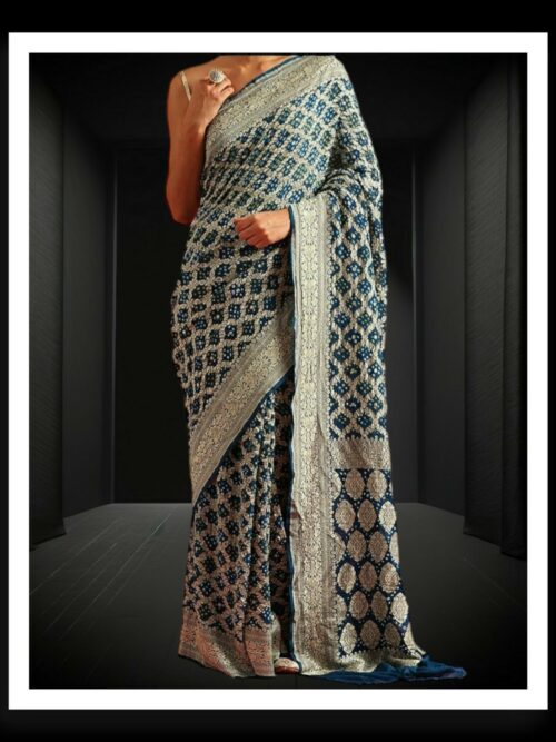 Navy Banarasi Bandhani Saree Pure Georgette Silk