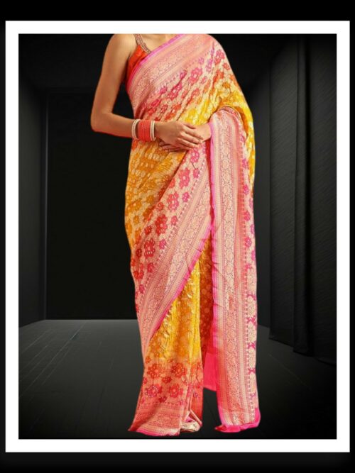 Peach Golden Banarasi Bandhani Saree Pure Georgette Silk