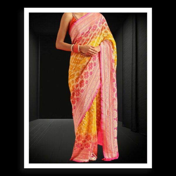 Peach Golden Banarasi Bandhani Saree Pure Georgette Silk