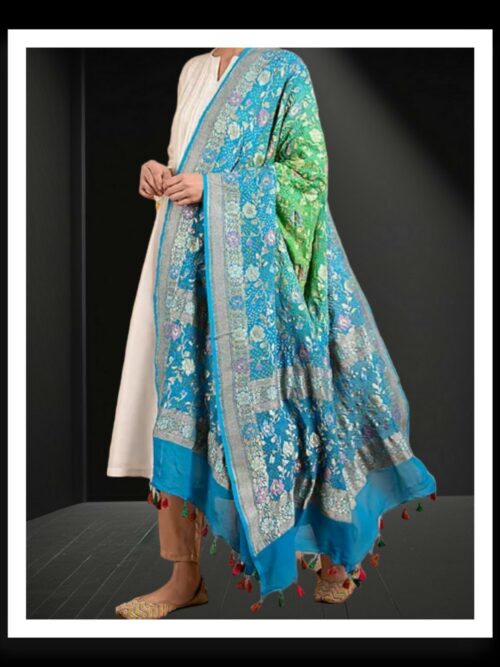 Sky-Parrot Banarasi Bandhani Meenakari Dupatta Pure Georgette Silk Khatri