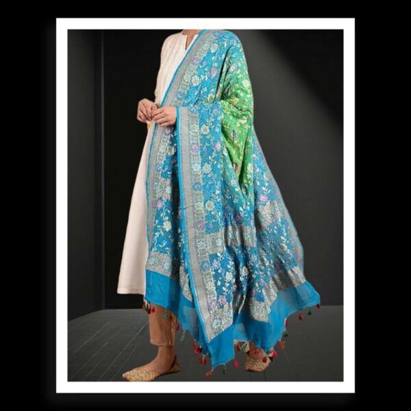 Sky-Parrot Banarasi Bandhani Meenakari Dupatta Pure Georgette Silk Khatri