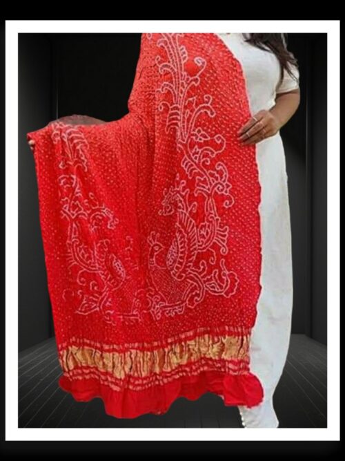 Bright Red Bandhani Dupatta Peacock Designer Pure GajiSilk