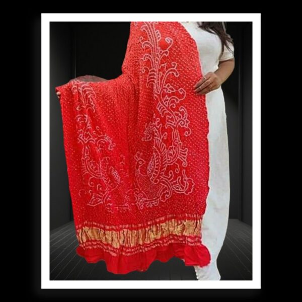 Bright Red Bandhani Dupatta Peacock Designer Pure GajiSilk