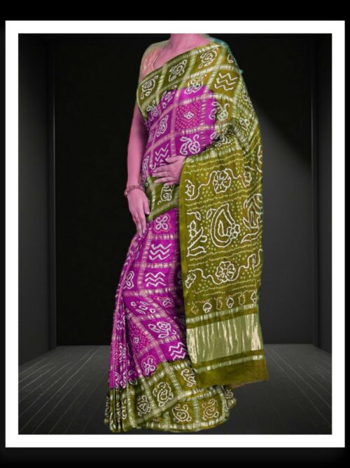 Mehndi Magenta Bandhani Gharchola Saree Pure GajiSilk