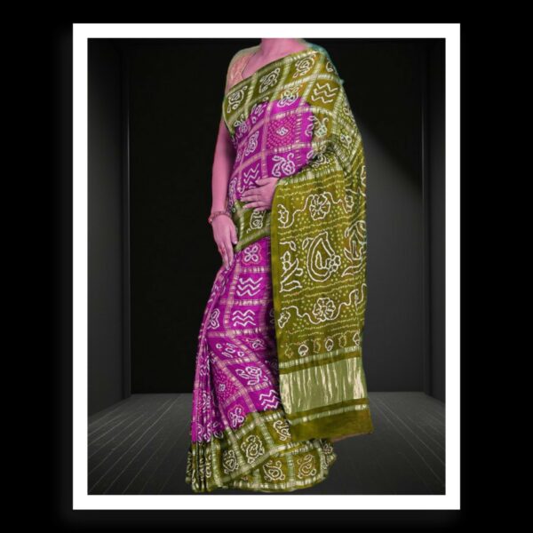 Mehndi Magenta Bandhani Gharchola Saree Pure GajiSilk