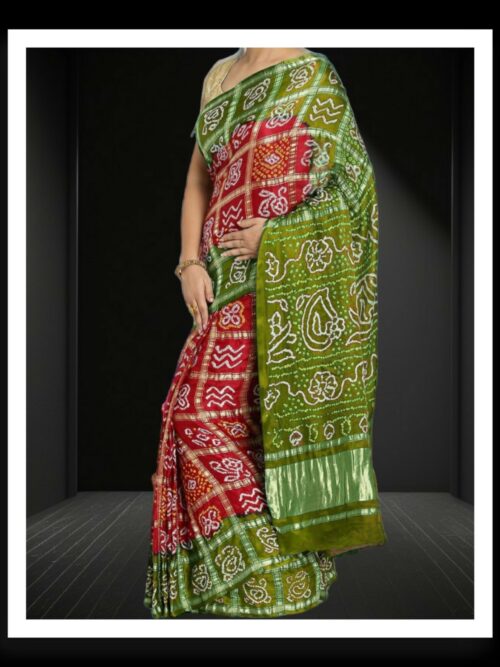 Mehndi Red Bandhani Gharchola Saree Pure GajiSilk