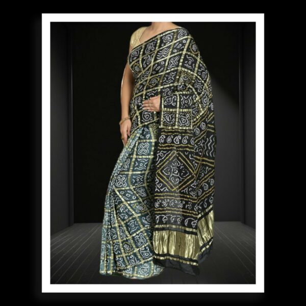 Black Grey Bandhani Gharchola Saree Pure GajiSilk