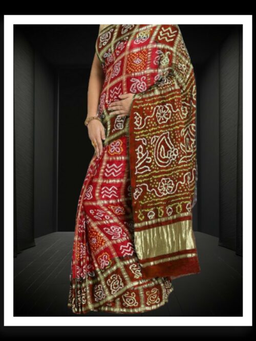 Brown Red Bandhani Gharchola Saree Pure GajiSilk