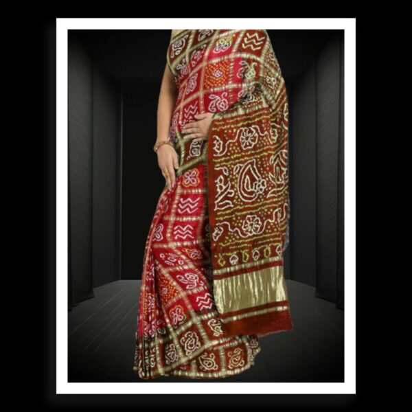 Brown Red Bandhani Gharchola Saree Pure GajiSilk