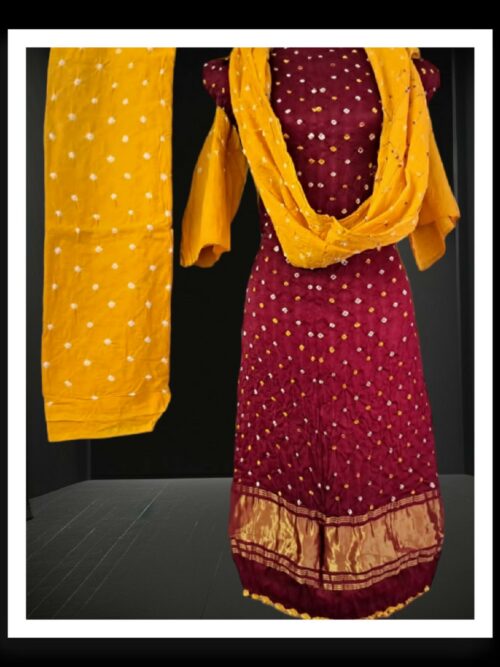Red Yellow Pearls Bandhani Designer Dress Pure ModalSilk