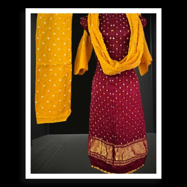 Red Yellow Pearls Bandhani Designer Dress Pure ModalSilk