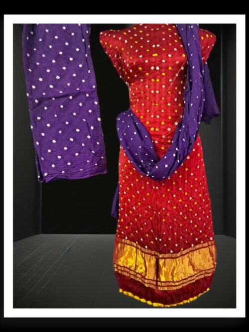 Red Purple Pearls Bandhani Designer Dress Pure ModalSilk