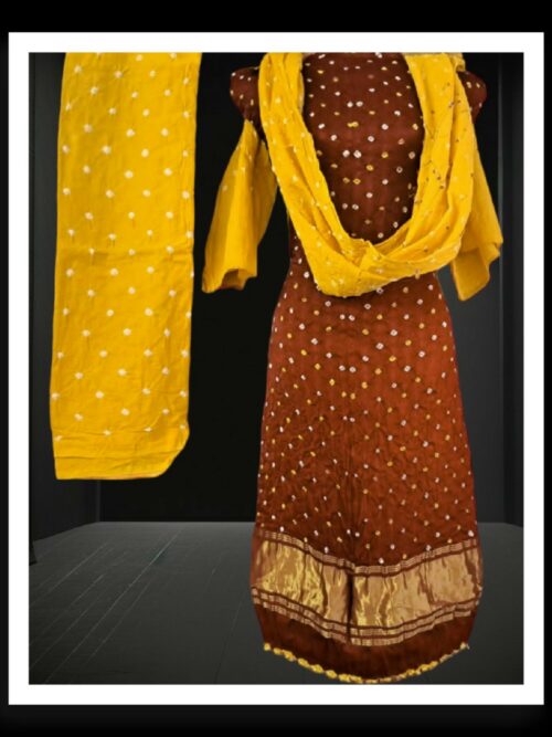 Rust Mustard Pearls Bandhani Designer Dress Pure ModalSilk