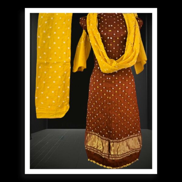 Rust Mustard Pearls Bandhani Designer Dress Pure ModalSilk