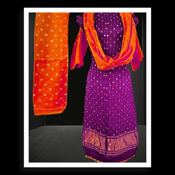 Magenta Orange Pearls Bandhani Designer Dress Pure ModalSilk