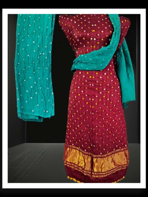 Maroon Aqua Pearls Bandhani Designer Dress Pure ModalSilk
