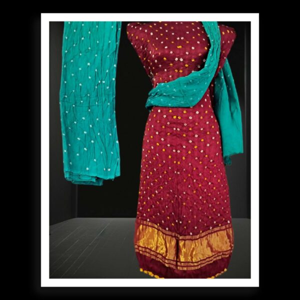 Maroon Aqua Pearls Bandhani Designer Dress Pure ModalSilk