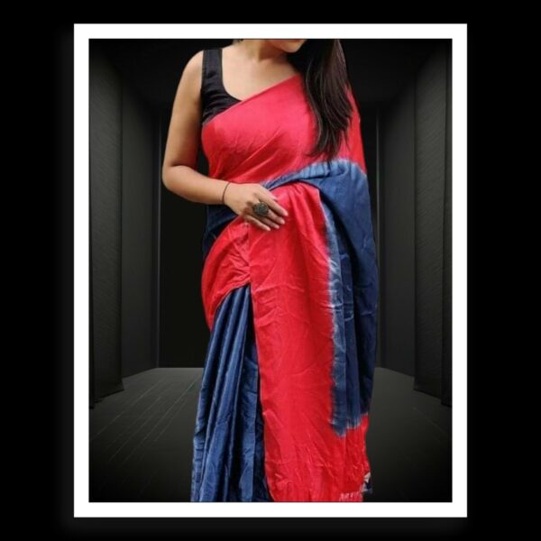 Red Silver Blue Plain Saree Pure Modal Silk