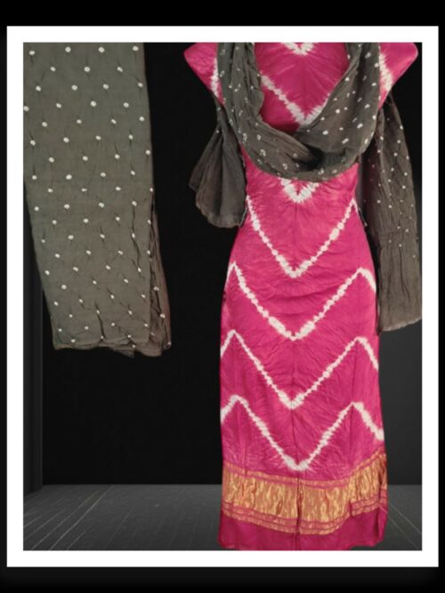 Pink Grey Shibori Lehariya Designer Dress Material Pure GajiSilk