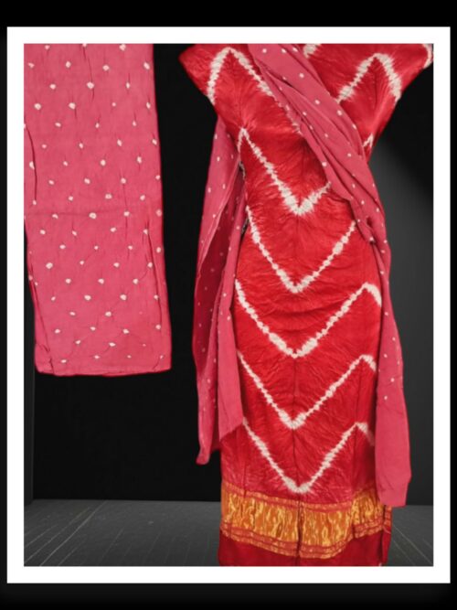 Red Peach Shibori Lehariya Designer Dress Material Pure GajiSilk