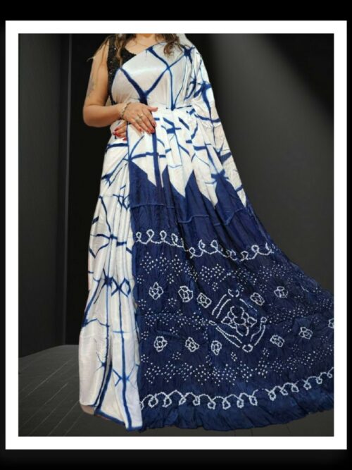 Navy White Shibori Bandhani Saree Pure ModalSilk