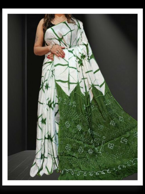 Green White Shibori Bandhani Saree Pure ModalSilk