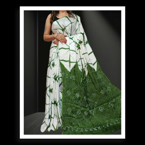 Green White Shibori Bandhani Saree Pure ModalSilk