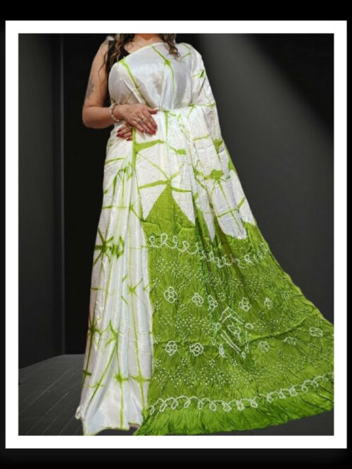 Parrot White Shibori Bandhani Saree Pure ModalSilk
