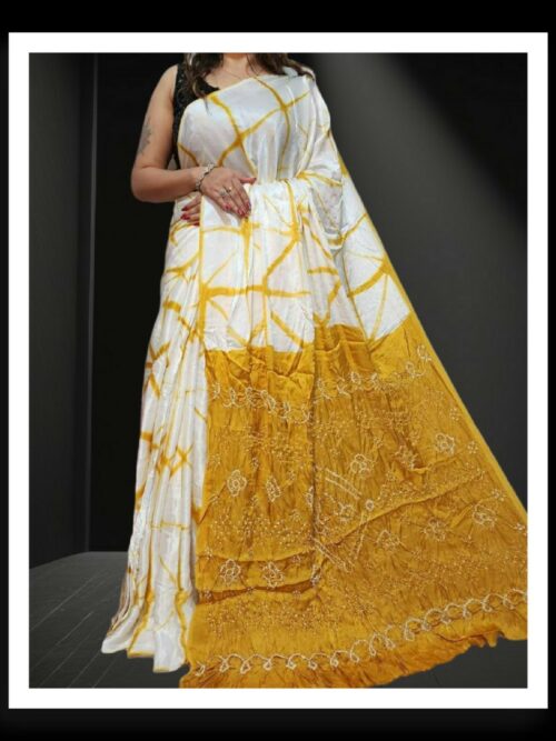 Mustard White Shibori Bandhani Saree Pure ModalSilk