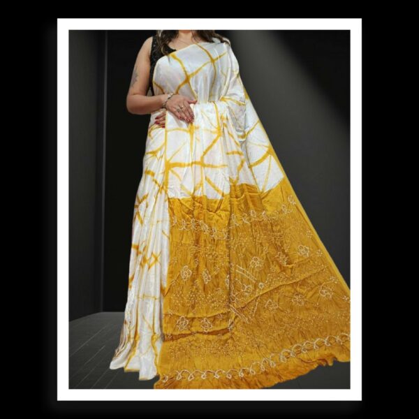 Mustard White Shibori Bandhani Saree Pure ModalSilk