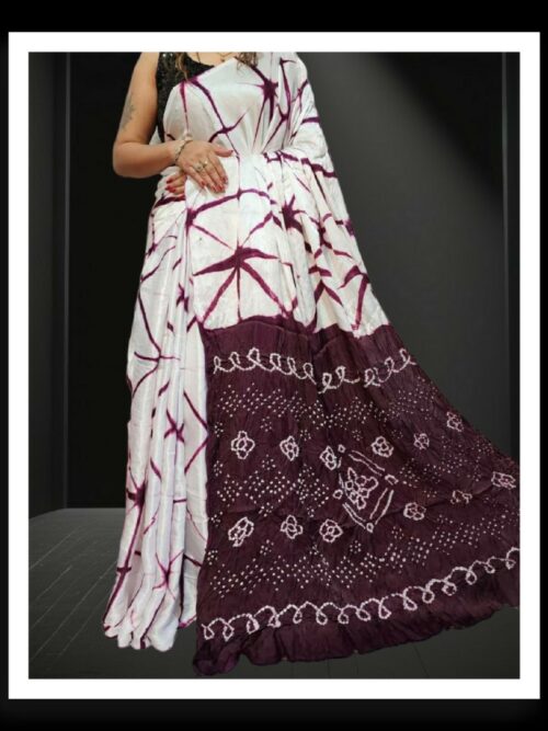 Brown White Shibori Bandhani Saree Pure ModalSilk