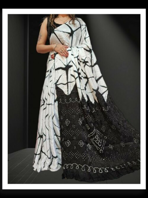 Black White Shibori Bandhani Saree Pure ModalSilk