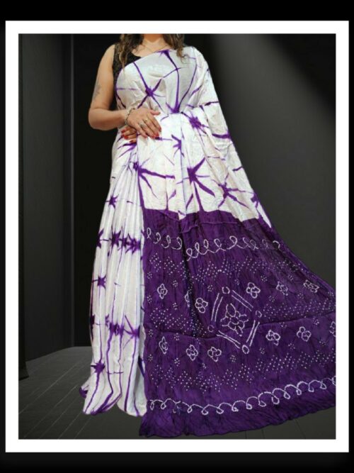 Purple White Shibori Bandhani Saree Pure ModalSilk