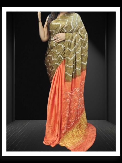 Khaki Pumpkin Shibori Bandhani Dyed Saree Pure ModalSilk