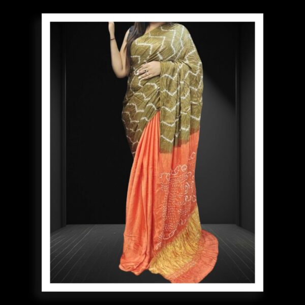 Khaki Pumpkin Shibori Bandhani Dyed Saree Pure ModalSilk