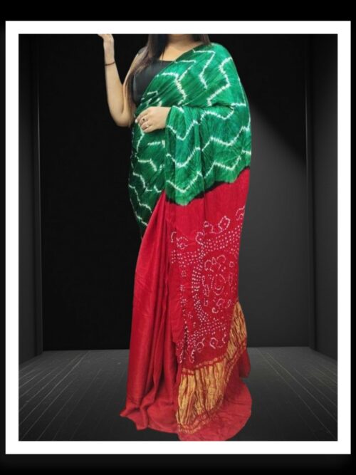 Green Red Shibori Bandhani Dyed Saree Pure ModalSilk