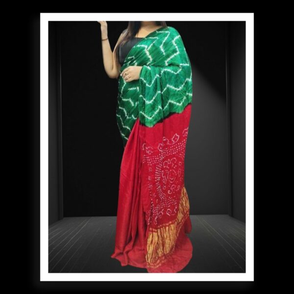 Green Red Shibori Bandhani Dyed Saree Pure ModalSilk